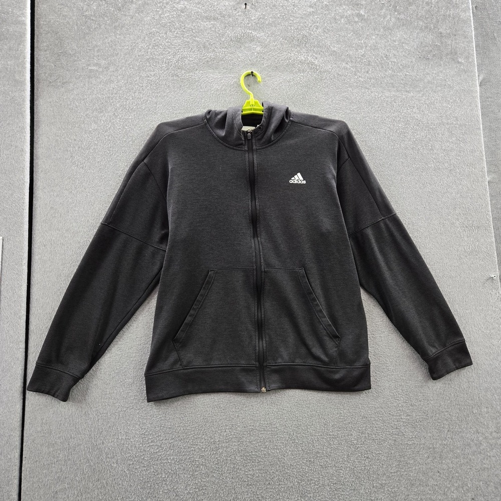 Adidas Men Hoodie Black Embroidered Activewear Zipper Logo Long Sleeve READ
